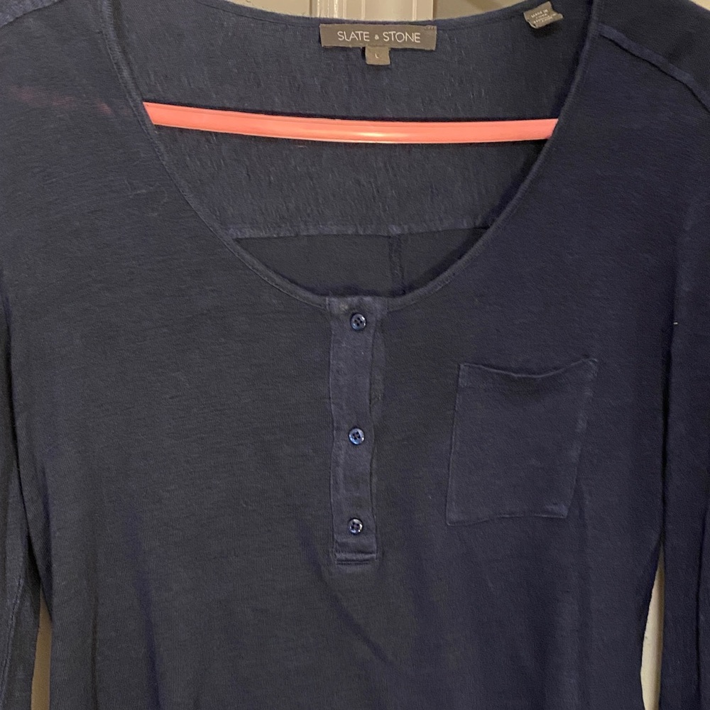 Slate & Stone Women's Navy Long Sleeve Top 100% linen Great Brand